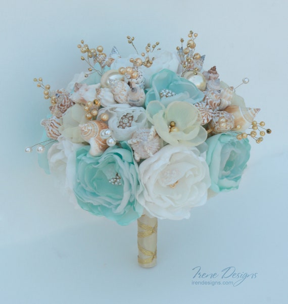 Seashells Bouquet Light Mint Turquoise And Gold Wedding Etsy
