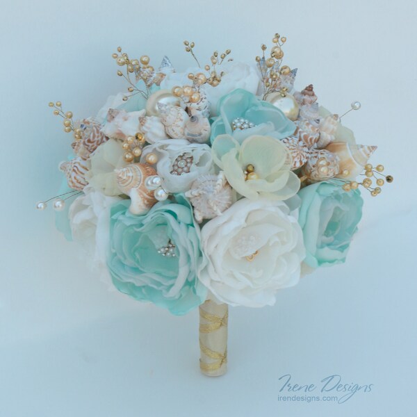 Seashells Bouquet.  Light mint-turquoise and gold wedding bouquet. Beach wedding bouquet. Beach wedding accessories