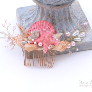 Handmade Coral Gold And Pink Seashells Hair Comb. Starfish Pearls Crystal Headpiece. Beach Wedding Head Piece image 3