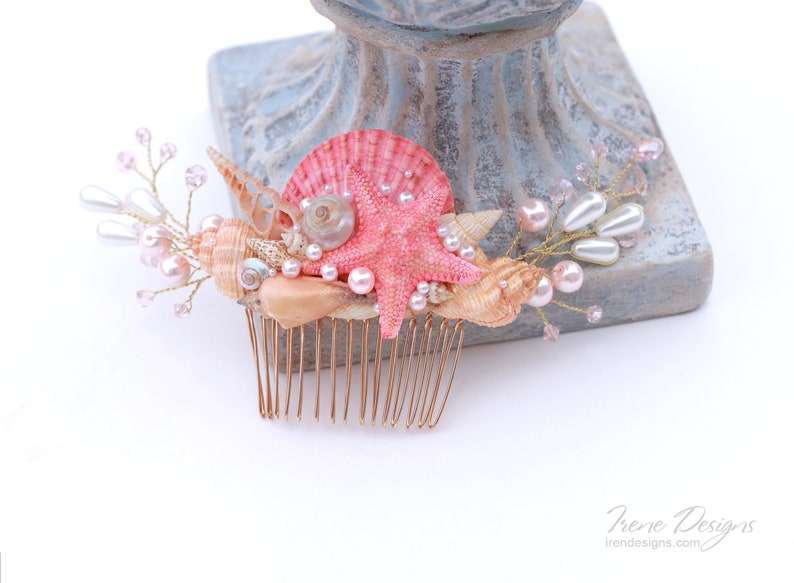 Handmade Coral Gold And Pink Seashells Hair Comb. Starfish Pearls Crystal Headpiece. Beach Wedding Head Piece image 3