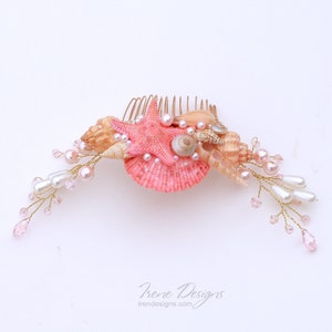 Handmade Coral Gold And Pink Seashells Hair Comb. Starfish Pearls Crystal Headpiece. Beach Wedding Head Piece image 4