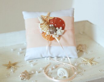Handmade Coral Beach Ring Bearer Pillow. Ring Pillow for Beach Wedding. Shells Ring Pillow.