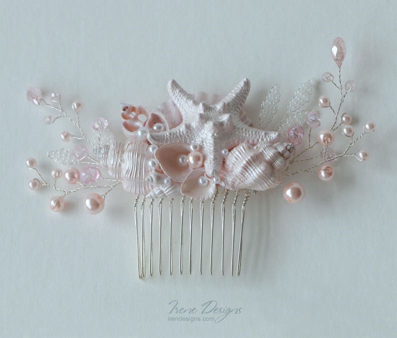 Pale Pink Beach Wedding Hair Comb. Seashell and Pearls Crystals Hair Comb. Beach Wedding Headpiece. Beaded Hair Comb. image 4