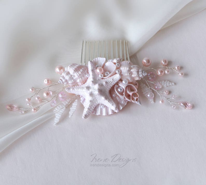 Pale Pink Beach Wedding Hair Comb. Seashell and Pearls Crystals Hair Comb. Beach Wedding Headpiece. Beaded Hair Comb. image 3