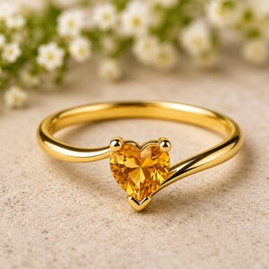 14K Gold Plated Heart Cut Yellow CZ Ring, Minimalist Solitaire Promise Ring, Dainty Gold Stackable Ring, Citrine Color Engagement Gift