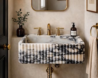Calacatta Viola Marble Wall Mount Sink, Fluted Luxury Stone Basin, Handmade Vanity