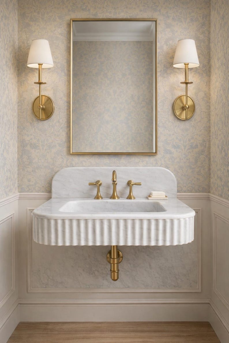 Handmade Carrara Marble Sink, Custom Size Wall Mounted Fluted Basin, Natural Stone Washbasin image 2