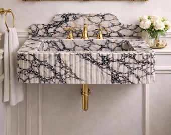 Hand Carved Calacatta Viola Marble Sink, Fluted Wall Mounted Vanity, Custom Stone Washbasin
