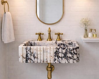 Calacatta Viola Marmor Waschbecken, Geriffeltes Stein Becken, Handgeschnitztes schwimmendes Waschbecken, Benutzerdefiniertes Badezimmer Waschbecken