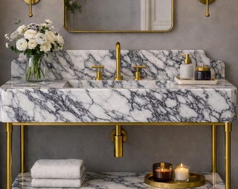 Calacatta Viola Marble Bathroom Vanity with Shelf, Luxury Stone Sink, Custom Handmade Marble Basin, Elegant Bathroom Vanity