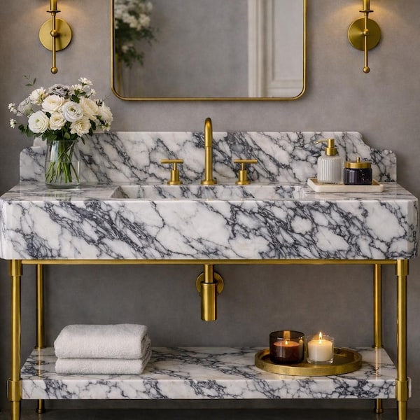 Calacatta Viola Marble Bathroom Vanity with Shelf, Luxury Stone Sink, Custom Handmade Marble Basin, Elegant Bathroom Vanity
