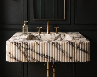 Calacatta Viola Marble Sink, Fluted Wall Mounted Vanity, Hand Carved Natural Stone Washbasin