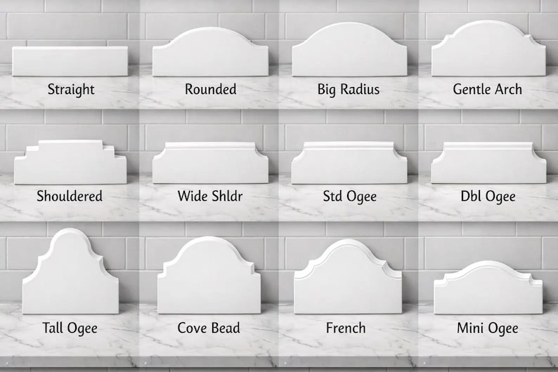 K&ouml;nnte beinhalten: Eine Auswahl an wei&szlig;en Zierleisten-Mustern mit verschiedenen Profilen. Die Stile umfassen Straight, Rounded, Big Radius, Gentle Arch, Shouldered, Wide Shldr, Std Ogee, Dbl Ogee, Tall Ogee, Cove Bead, French und Mini Ogee.