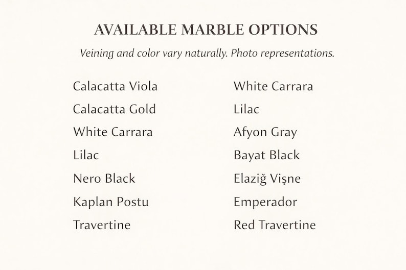 K&ouml;nnte beinhalten: Eine Liste von Marmoroptionen mit Namen wie Calacatta Viola, White Carrara und Lilac. Der Text "AVAILABLE MARBLE OPTIONS" steht oben, mit einem Hinweis auf Maserung und Farbvariation.