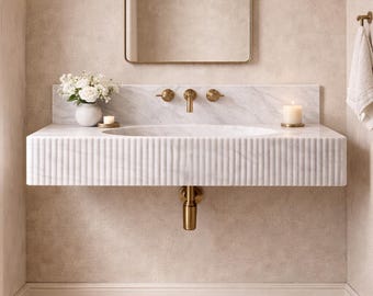 Handgefertigtes Waschbecken aus Carrara-Marmor, benutzerdefinierte geriffelte Wandhalterung Steinbecken, Waschbecken im Badezimmer