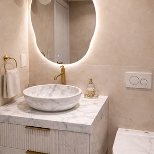 Carrara Marble Bowl Sink, Custom Size Bathroom Basin, Natural Stone Oval Vessel image 1