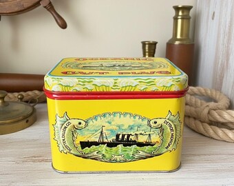 Vintage Nautical Ship Tobacco Tin Box Yellow Advertising Piece Detroit