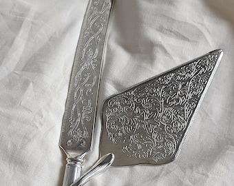 Vintage Silver Cake Server with Knife | Ornate Engraved Dessert Set for Wedding or Entertaining