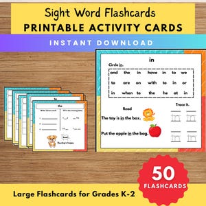 May include: A stack of sight word flashcards with the text "Sight Word Flashcards" and "Printable Activity Cards". The cards feature exercises like circling words, reading sentences, and tracing. Includes 50 flashcards for grades K-2.