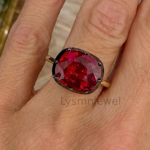 Georgian Style Down Ring, Blackened Bezel Set East To West Cushion Cut Button Back Solitaire Ring, Red Ruby Ring, Gemstone Ring For Her