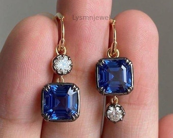 Pendientes vintage georgianos, pendientes de aro con zafiro azul Asscher y circonita cúbica incolora de talla redonda, estilo Gypset, pendientes colgantes de estilo victoriano.