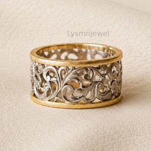 Anillo de compromiso calado Eternity con diseño de cigarro, anillo bicolor de oro con diseño de volutas, anillo Art Déco eduardiano vintage, anillo antiguo de filigrana para mujer.
