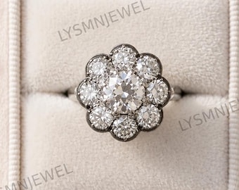 Vintage-inspired Round Cut Moissanite Georgian Style Engagement Ring, Daisy Halo Antique Ring, Floral Set Blackened Collet Setting Ring