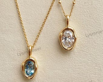 Wisiorek z owalnym kamieniem urodzinowym z akwamarynu o masie 2,00 ct, unikatowy wisiorek z pojedynczym elementem, minimalistyczny wisiorek z oprawą bezel, prezent dla niej, srebro 925