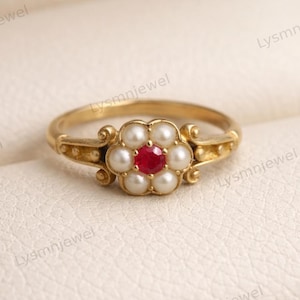 Victorian Style Ring, Pearl Halo Handmade Ring, Vintage Art Deco Reb Ruby Gemstone Ring, Flower Inspired Ring For Women's, Antique Ring