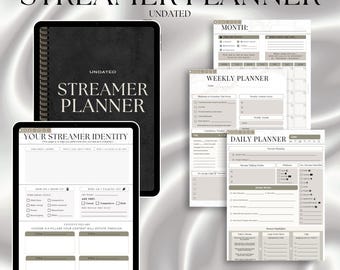 Czarny, niedatowany planer cyfrowy dla streamerów/twórców treści | Twitch, YouTube, TikTok (do pobrania w wersji cyfrowej)