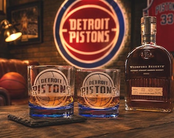 Etched Detroit Pistons Whiskey Glass Set | Bourbon Glasses with Blue Base | Basketball Fan Gift | Sports Barware | Groomsmen Gift