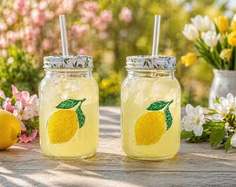 Hand-Painted Lemon Mason Jar Tumblers – Spring Summer Drinkware Set