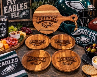 Philadelphia Football Charcuterie Board Set, Game Day Serving Board, Wooden Snack Plates, Tailgate Gift, Football Fan Entertaining Set