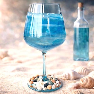 Handcrafted Ocean Blue Wine Glass, Seashell Base, Coastal Nautical Decor
