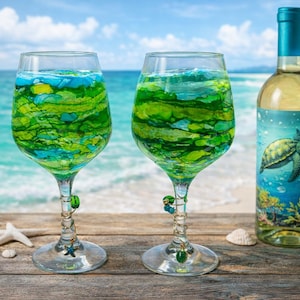 Epoxy Alcohol Ink Wine Glasses, Ocean Wave Stemware, Beach Theme Set
