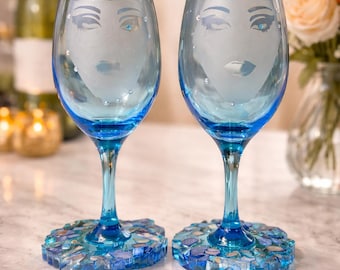 Blue Etched Face Wine Glass Set with Resin Coaster Base | Handmade Artistic Wine Glasses | Unique Gift for Her | Elegant Barware Decor