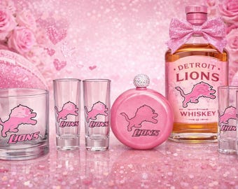 Feminine Detroit Lions Shot Glass Set – 4 Pink Lions Shooter Glasses + Bourbon Glass + Flask Gift Set – Football Fan Barware Gift for Her
