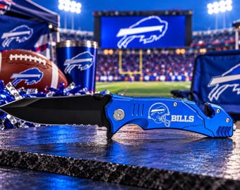 Blue Folding Pocket Knife with Football Fan Design, Black Blade Utility Knife, Sports Fan Gift for Him