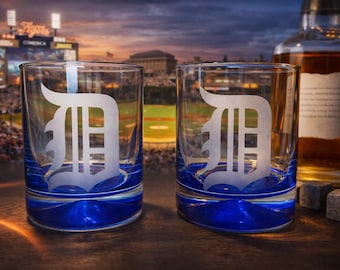 Detroit Tigers Etched Bourbon Gläser Set - Alte englische D Whiskygläser - Baseball Fan Geschenk - Tigers Barware - personalisierte Geschenkidee