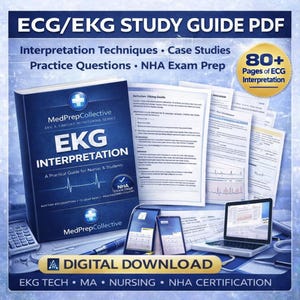 Op de afbeelding: Een digitale downloadstudiegids voor ECG/EKG-interpretatie. De omslag van het boek is donkerblauw met de titel "EKG Interpretation" en het MedPrepCollective-logo. Bevat oefenvragen en NHA-examenvoorbereiding. Bevat ook een laptop, tablets en afgedrukte pagina's.