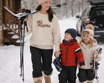 Sudadera para mamá esquiadora / Sudadera retro con cuello redondo para mamá / Conjunto para viaje de invierno / Regalo para mamá de montaña / Amante de la nieve
