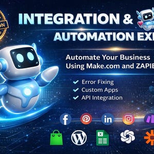 May include: A digital graphic promoting integration and automation services. The image features a robot character and the text "INTEGRATION & AUTOMATION EXPERT". It also includes social media icons and the text "Automate Your Business Using Make.com and ZAPIER".