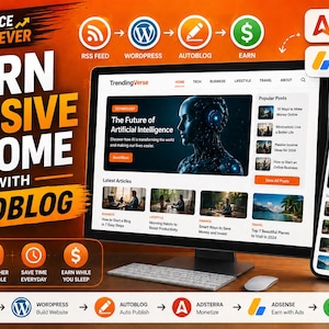 May include: An orange and black graphic promoting passive income with autoblogging. A computer monitor and smartphone display a website with articles. Text includes "Earn Passive Income" and "Automated Content."