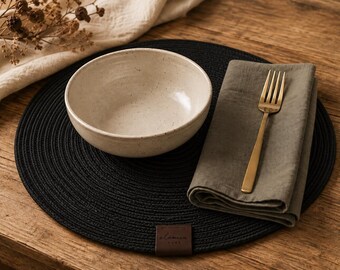 Handmade Black Braided Round Placemats, Modern Dining Decor (Set of 2)