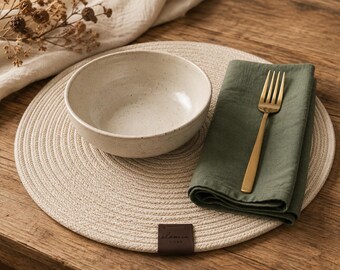 Handmade Beige Braided Round Placemats, Boho Dining Decor (Set of 2)