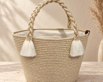 Handmade Beige Woven Tote Bag, Boho Braided Handle, Tassel Details, Lined Beach Bag