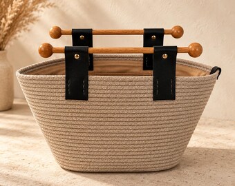 Beige Jute Tote Bag with Wooden Handles, Handmade Boho Handbag
