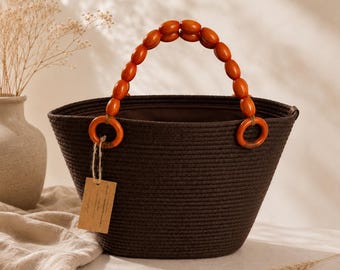 Dark Brown Woven Tote Bag with Wooden Bead Handles, Handmade Boho Bag
