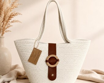 Ivory Jute Tote Bag with Brown Leather Strap and Wooden Ring
