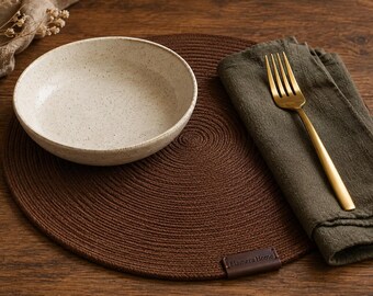 Handmade Brown Braided Round Placemats, Rustic Dining Decor (Set of 2)